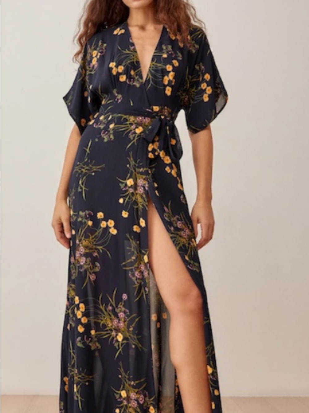 Reformation Navy Floral Maxi Dress with Yellow & Green Print